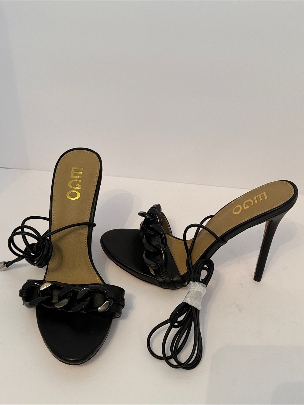 EGO Black Chain-Detail Lace-Up Stiletto Heels